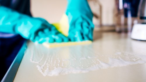A technician carrying out a carpet cleaning risk assessment in a property